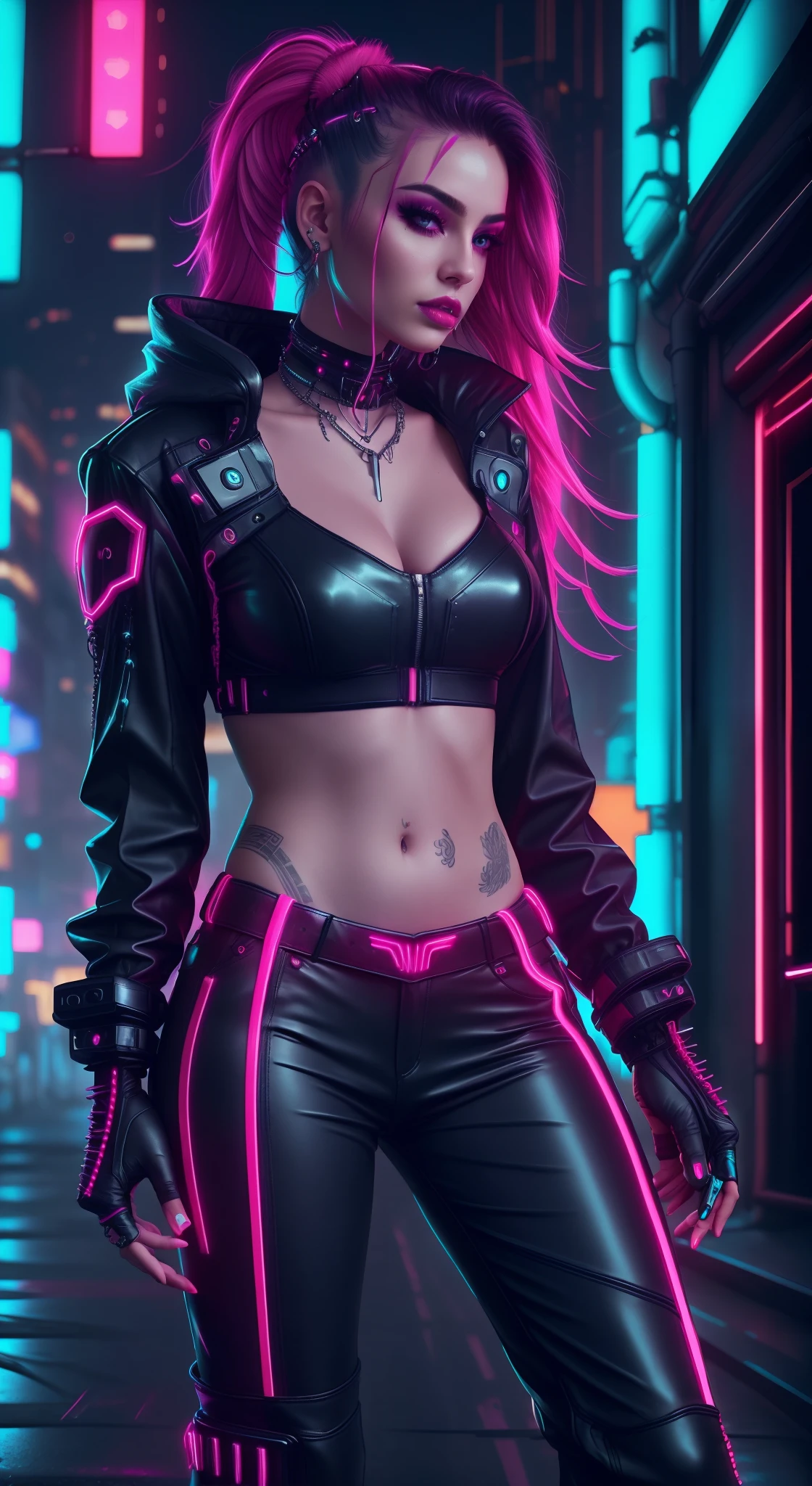 a close up of a woman in a neon outfit, cyberpunk vibe, cyberpunk with neon lighting, bright cyberpunk glow, cyberpunk vibes, cyberpunk lighting, cyberpunk style, neon cyberpunk style, in cyberpunk style, cyberpunk look, dreamy cyberpunk girl, cyberpunk photo, neon cyberpunk, cyberpunk aesthetic, cyberpunk streetwear, aesthetic cyberpunk, cyberpunk art style, wearing cyberpunk streetwear,jacket, perfect fingers,neaon hair color, detail texture, detail hair,long Pants neon black, beautiful face,hair wavy,shoes neon black detailed,