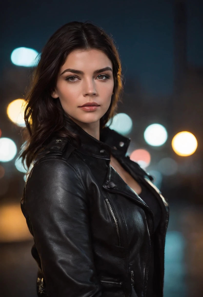 Portrait of Natlp as a beautiful female model, Georgia Fowler, Beautiful face, with short dark brown hair, in cyberpunk city at night. She is wearing a leather jacket, Black jeans, Dramatic lighting, (Police badge:1.2)