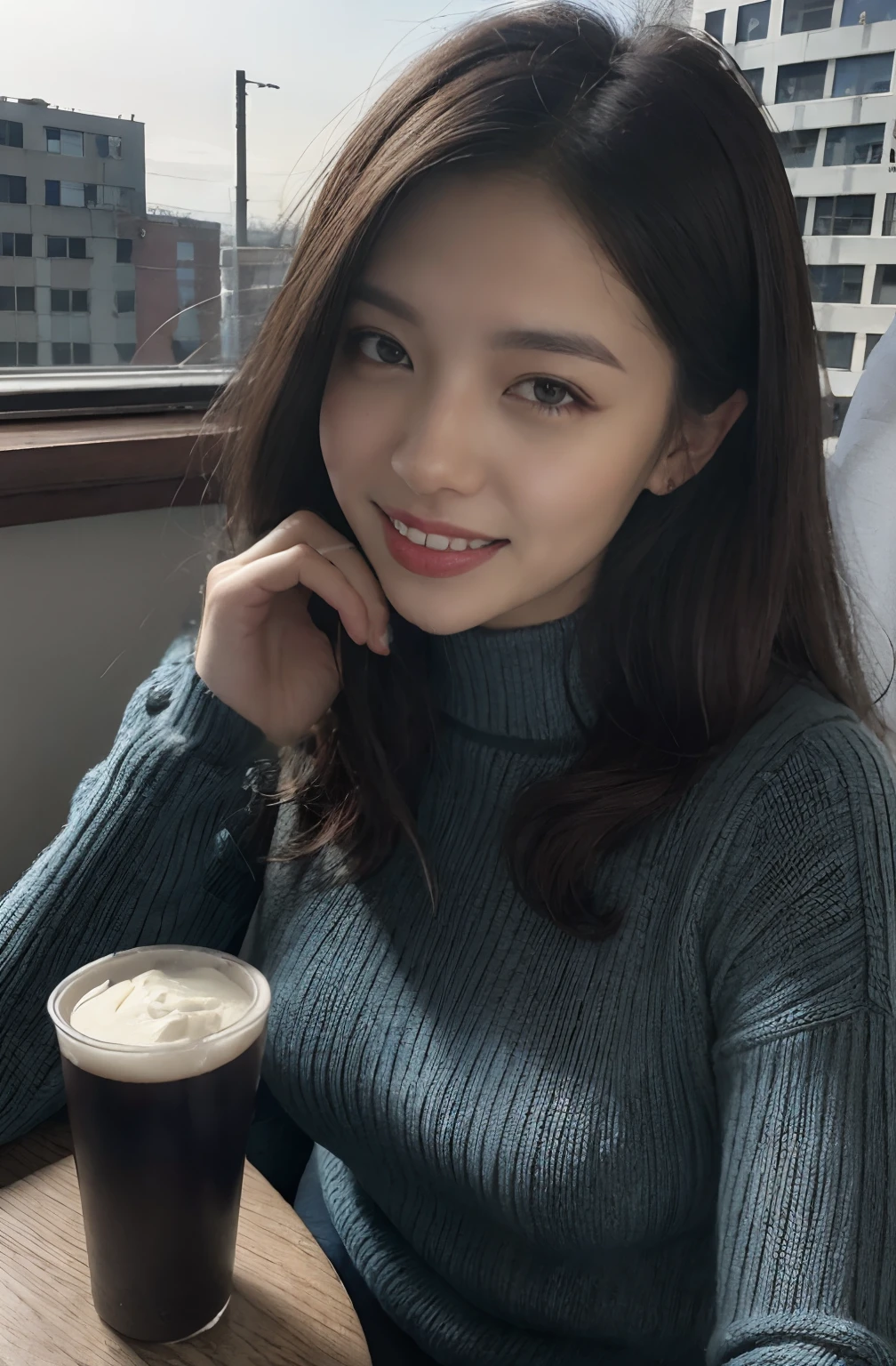 A close up of a woman sitting at a table with a cup of coffee ...