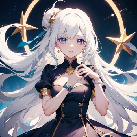 One with white hair，Woman with a star in her hand, nightcore, anime moe art style, vocaloid, anime girl with cosmic hair, style of anime4 K, Star(sky) Starry_sky, High Quality Anime Art Style, cute anime waifu in a nice dress, star child, anime backgrounds...