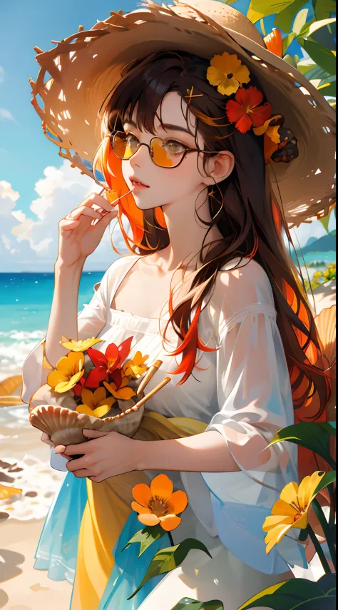 absurdres, highres, ultra detailed, 1girl, solo, extremely detailed eyes, starfish, seashell, shell, flower, hat, hair ornament, jewelry, straw hat, looking at viewer, sunglasses, hat flower, drinking straw, hairclip, earrings, red flower, tinted eyewear, ...