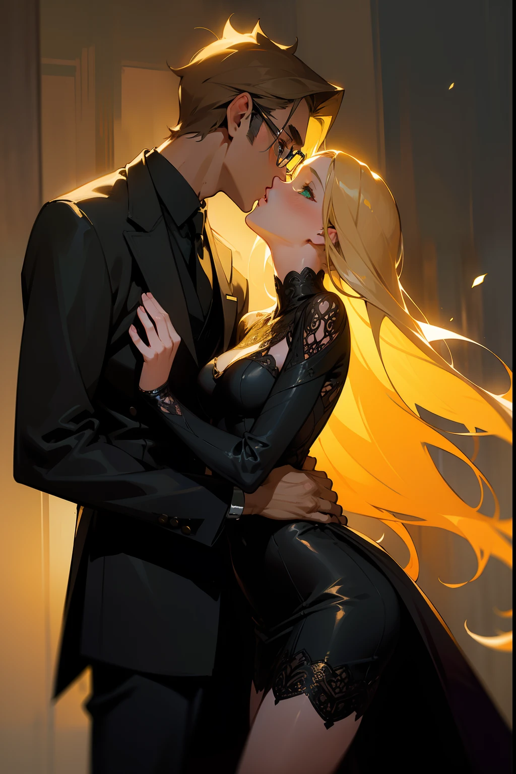 Anime couple in black and gold dress kissing in a dark room - SeaArt AI