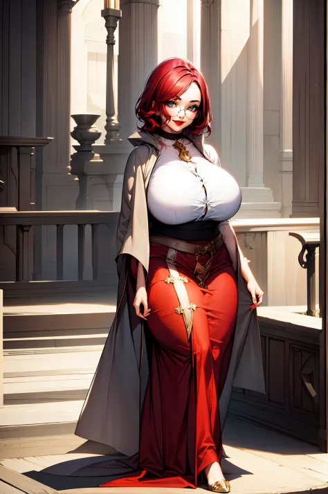 masterpiece, best quality, 1girl, solo, maxine, smile, red lips, , glasses, standing,, curvy, thick thighs, huge breasts, , full body, priestess,woman-medieval-clothes, large skirt