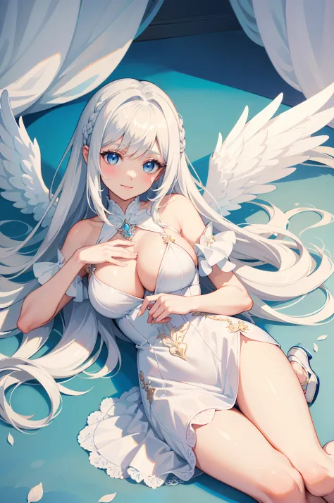 masterpiece, best quality, ultra -detailed, finely detail, White girl, angel, two big wings, white hair, blue eyes, sexy, sexy pose, pastel blue dress, full body, long hair, fringe, pastel blue dress, white shoes, acessories, wings on the back, lying down,...