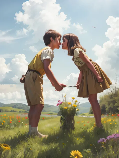 painting of a boy and girl kissing in a field of flowers, peasant boy and girl first kiss, ( art fitzpatrick ), boy girl traditi...