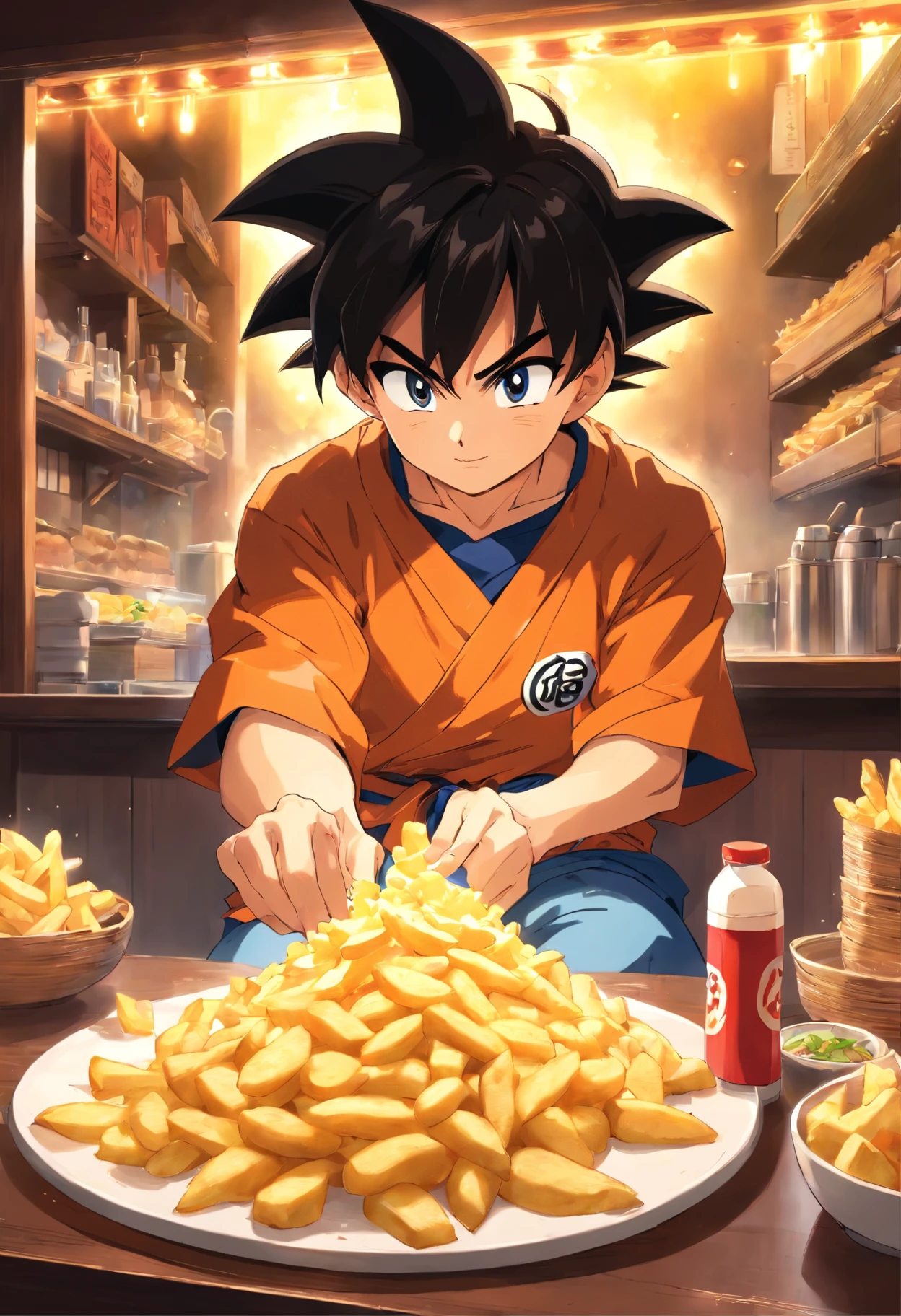 Anime character sitting at a table with a plate of french fries - SeaArt AI