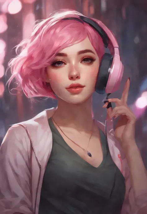 anime girl with pink hair and headphones, artwork in the style of ...