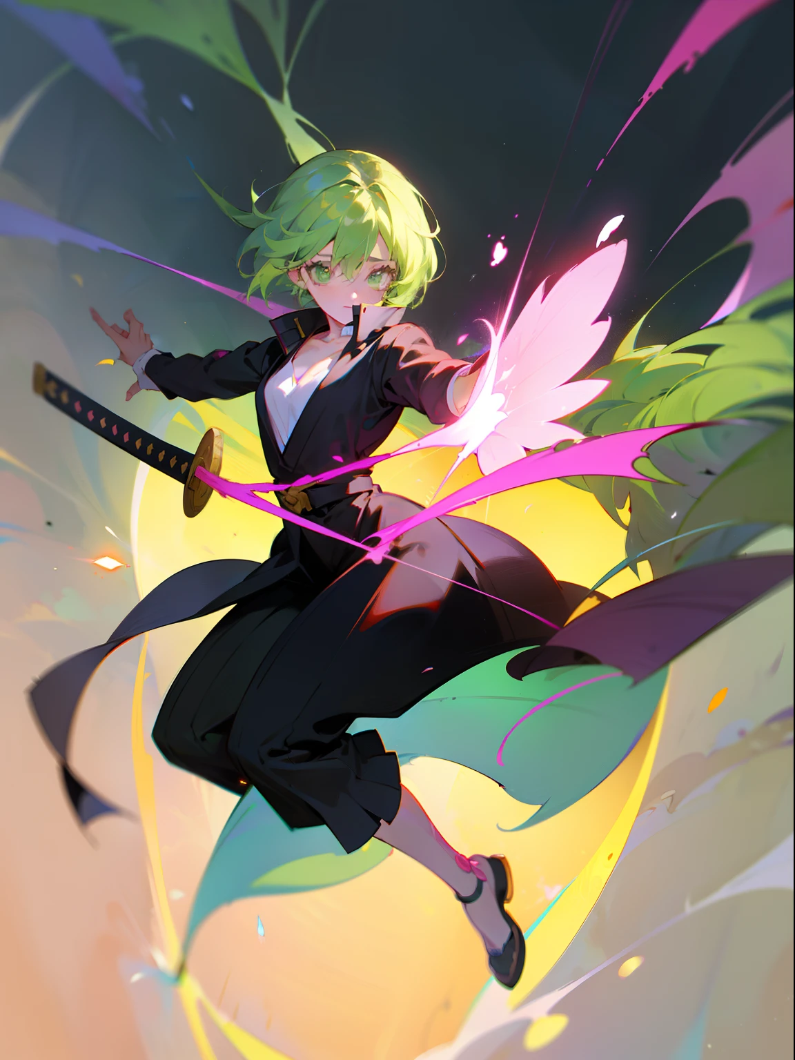 a painting that represents the essence of magic in your world, showing the pink and green-haired, green-eyed protagonist with a mystical black mark on his neck immersed in a cascade of magical energy, holding a katana, with glowing particles dancing around her and arcane symbols forming in the air,full body, masterpiece, best quality, ultra-detailed, illustration, 8k resolution concept art, fantasy art, epic art, concept art wallpaper 4k, deep color, natural lighting