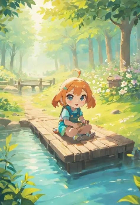 A serene, sunny day in Animal Crossing, showcasing cute animal characters in their charming village, engaging in various activities like fishing, bug hunting, or relaxing under the trees.