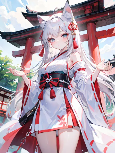 1foxgirl,loli , long white hair, blue and pink eyes, wearing white and red miko dress, japanese shrine, absurdres, high res, ultrasharp, anime art wallpaper 4k, masterpiece, looking at viewer
