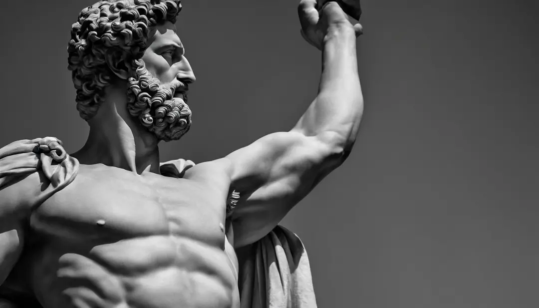 a full-length statue, forte,sem camisa, Marcus Aurelius muscle stoic in black and white 4K,Face de lado, papel de parede super realista