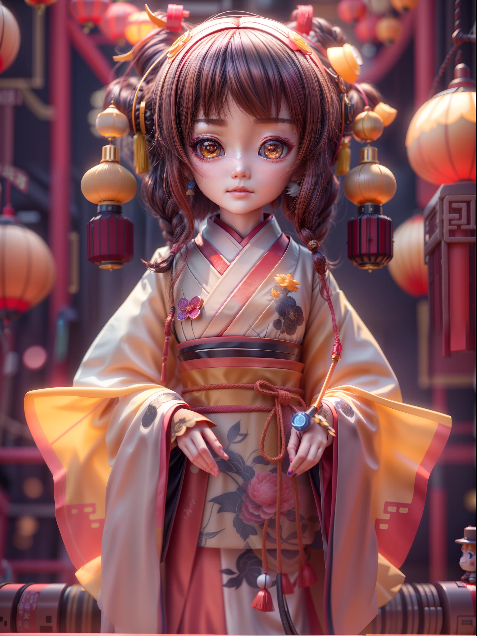 Soft ceramic figure style：Close-up of doll wearing Hanfu and cyberpunk fusion costume, brunette color hair,with a melancholy expression,Simple style clothes,Soft ceramic material,anime styled 3d, 8k high-quality detailed art, Stylized anime, 3 d render stylized, Cute detailed digital art, lovely art style,  Small Chinese lantern and Chinese elements in the background plus vacuum tube punk style,8K, cute 3 d render, render of a cute 3d anime girl, Anime Stylization, adorable digital art,Soft lighting,The light is dim and yellow,,Sense of light and shadow,