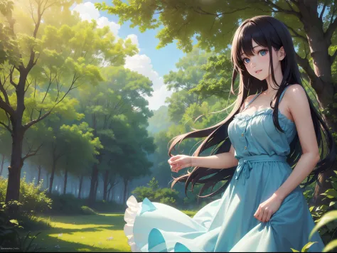 (best quality,highres,ultra-detailed,realistic:1.2),anime girl in sunny weather,forest all around,blue sky, vibrant colors, soft lighting, detailed eyes,lush green trees,fluffy clouds,warm sunlight,peaceful atmosphere,flowing hair, joyful expression,magica...