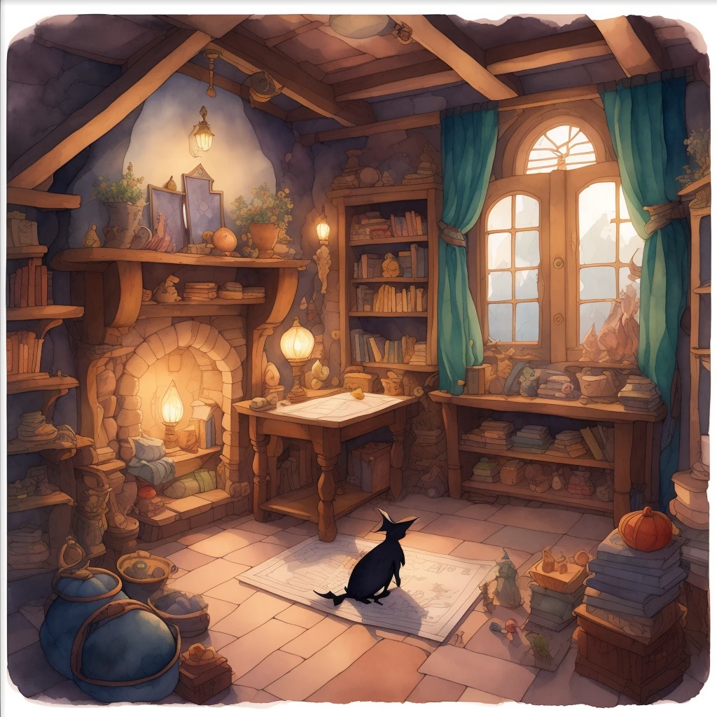 小女巫的温馨魔法房, 内部的, 丰富的色彩, 轮廓清晰, 高细节, 平面颜色, 水彩, 儿童书籍插图, 布赖恩·帕特森风格