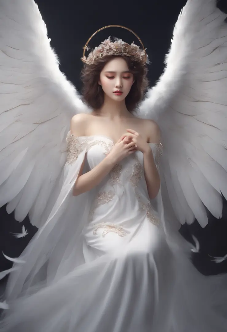 Beautiful angel in white dress, art station chengwei, halo, white feathers