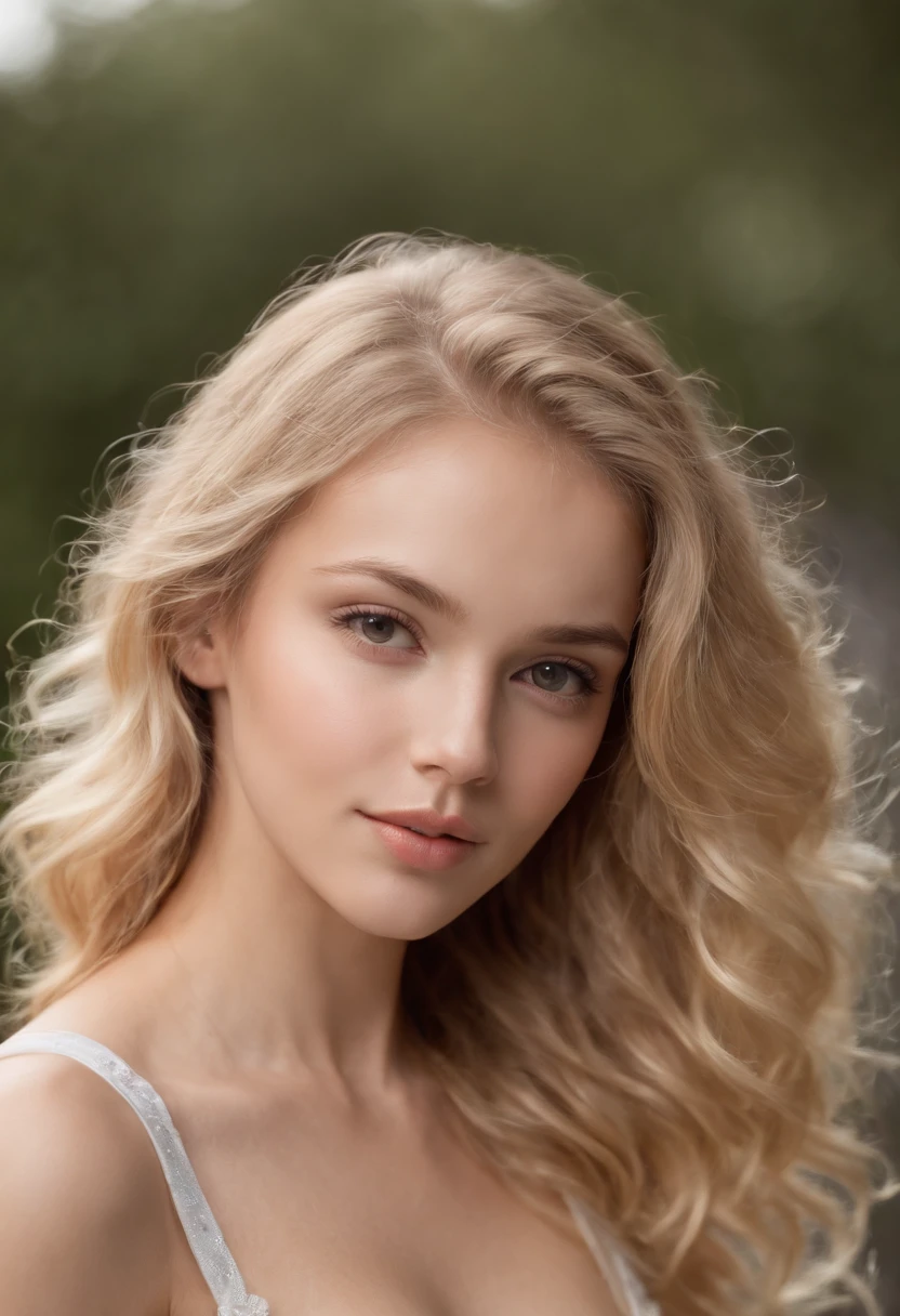 A close up of a woman with long blonde hair wearing a white dress - SeaArt  AI