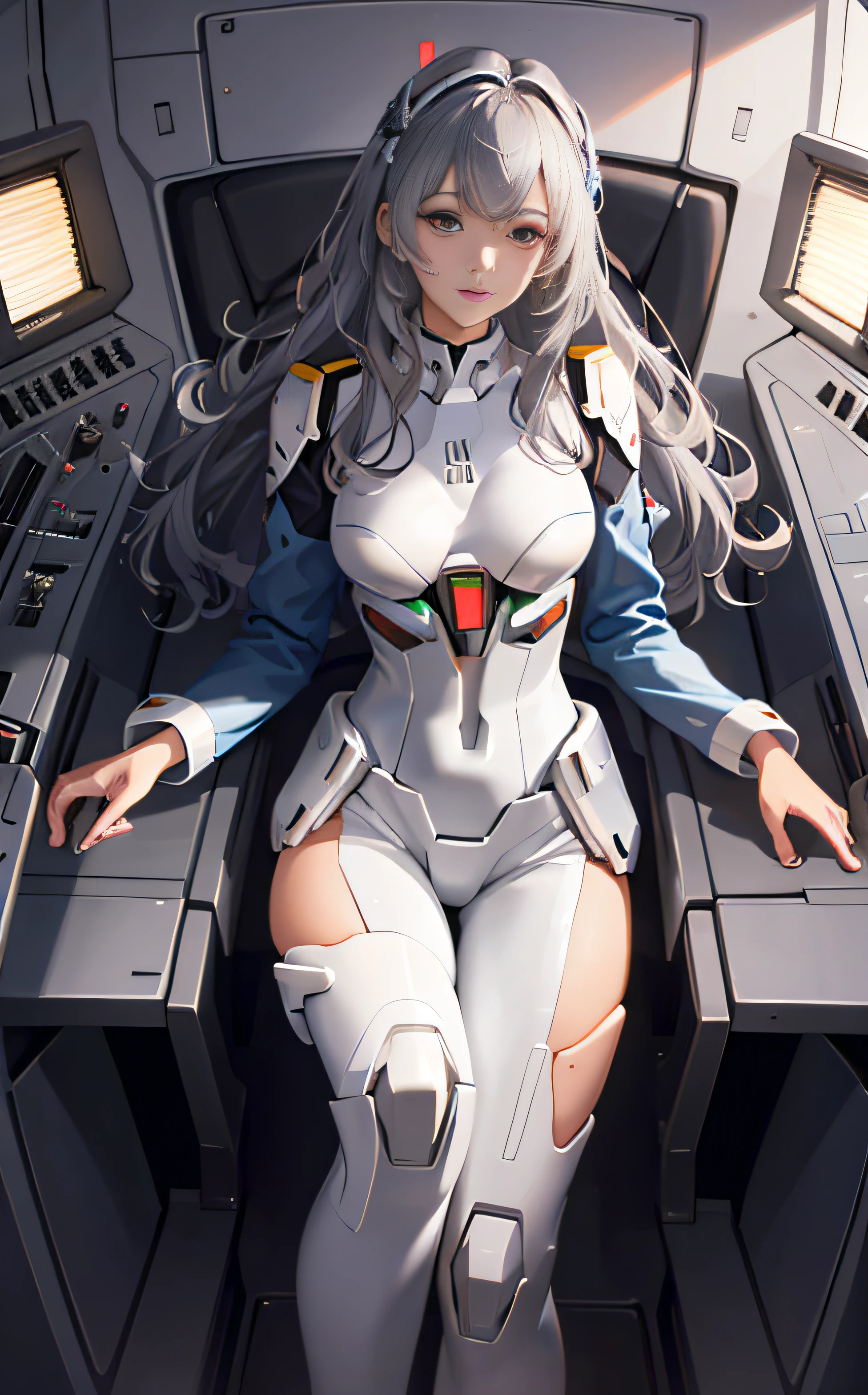 (((only one person))), (((only one face))), inside the cockpit, precision equipment, Very beautiful face, detailed face, very beautiful eyes, detailed eyes, a beautiful woman in a Gundam pilot suit sitting in the cockpit, movie scene, 8K quality, (((whole body))), (masterpiece), realistic, young and cute one anime woman, beautiful face, sunshine, cinematic light, one beautiful woman, beautiful dark eyes, milk beige medium hair , perfect anatomy, so cute, princess eyes, (black eyes), intermediate image, style, bioluminescence, life-size 8 sizes, 8k resolution, human hand, strange perfection, elegant, near-perfect, dynamic, Highly detailed character sheets, concept art, smooth placement, stunningly beautiful 20s girls, detailed hairstyles, (((Determination-filled dignified eyes))), (((A lot of instruments emitting a faint light in front of the girl)))