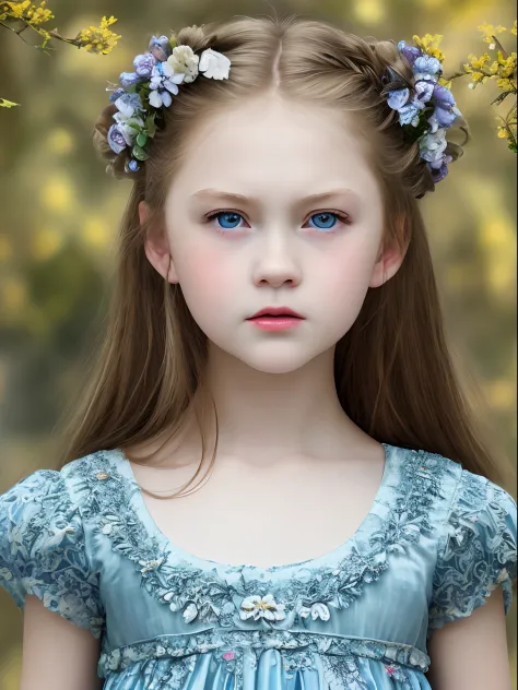 Best quality, Masterpiece, high resolution, Original, highly detailed wallpaper, Beauty,、dress, 、teens girl、Real Human、Authentic、blond、Blue eyes、Old photos、Angry、irate、bit girl、Angry face、English Antiquity、Angry、