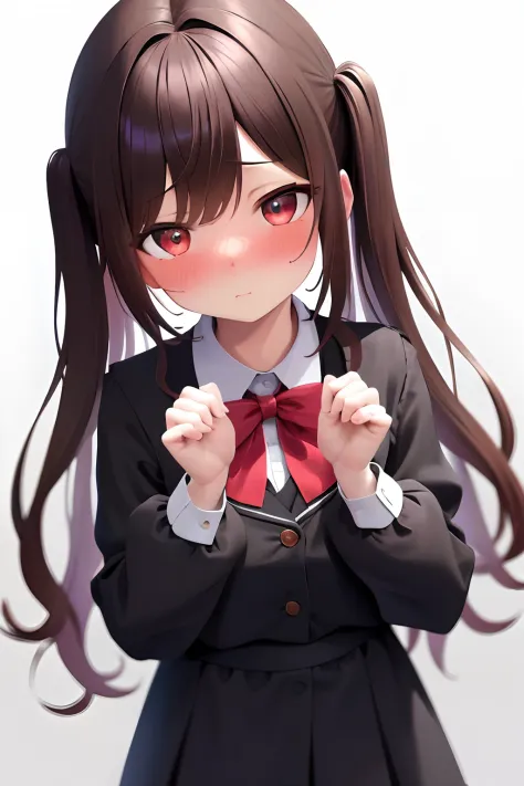 ​masterpiece, top-quality, hight resolution, 1girl in, student clothes, full of shyness, red blush, Cabedon, POV、Overlapping hands,suprised、cute little、Brown hair、Tied hair