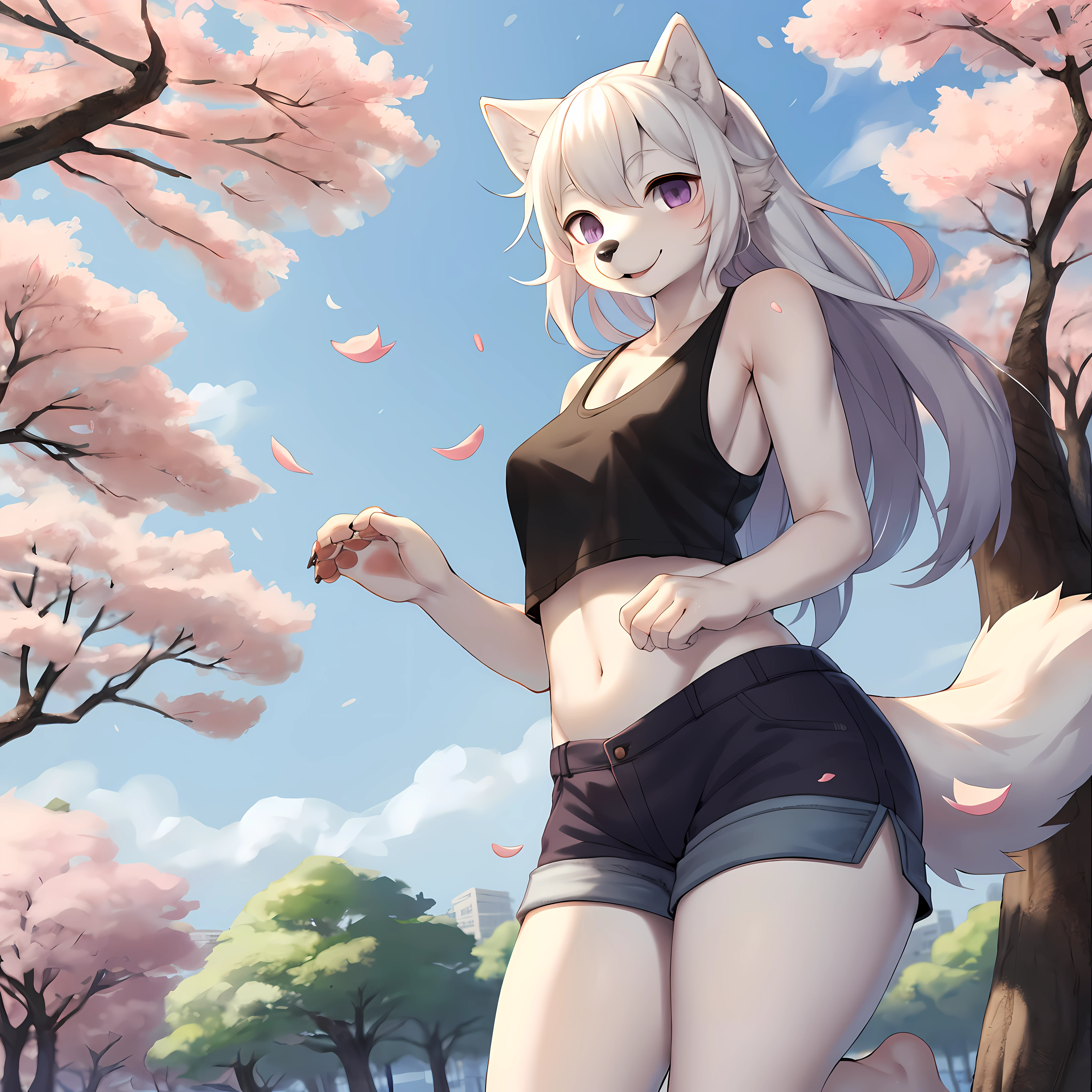 Anime girl with white hair and black top in a park - SeaArt AI