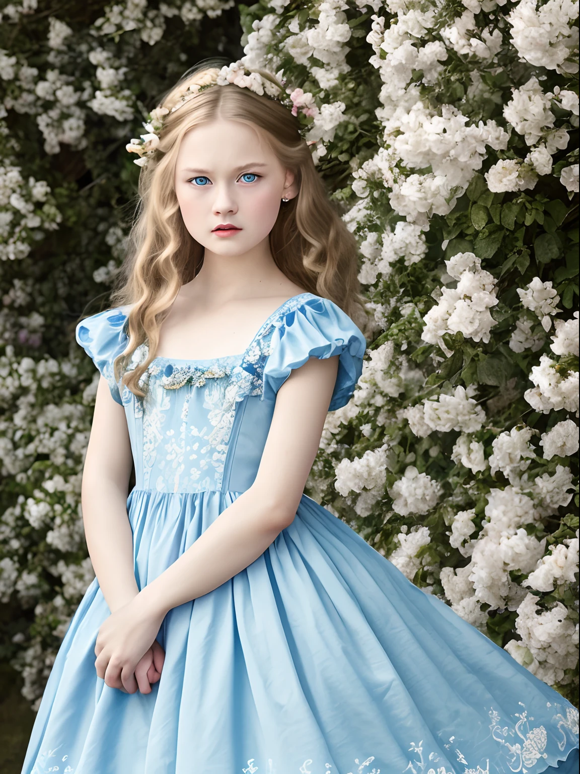 Best quality, Masterpiece, high resolution, Original, highly detailed wallpaper, Beauty,、dress, 、teens girl、Real Human、Authentic、blond、Blue eyes、Old photos、Angry、irate、bit girl、Angry face、English aristocratic dress、Angry、British retro style