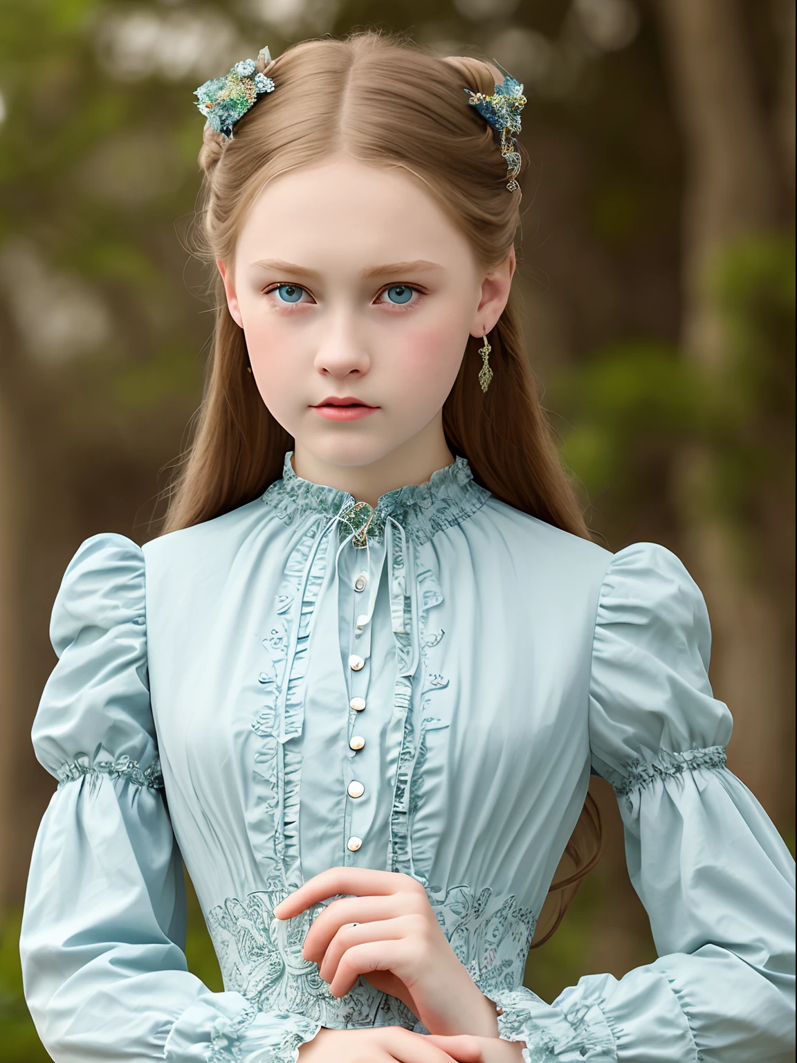 Best quality, Masterpiece, high resolution, Original, highly detailed wallpaper, Beauty,、dress, 、teens girl、Real Human、Authentic、blond、Blue eyes、Old photos、Angry、irate、bit girl、Angry face、Angry、British retro style、British 19th century、English aristocracy、Long-sleeved dress