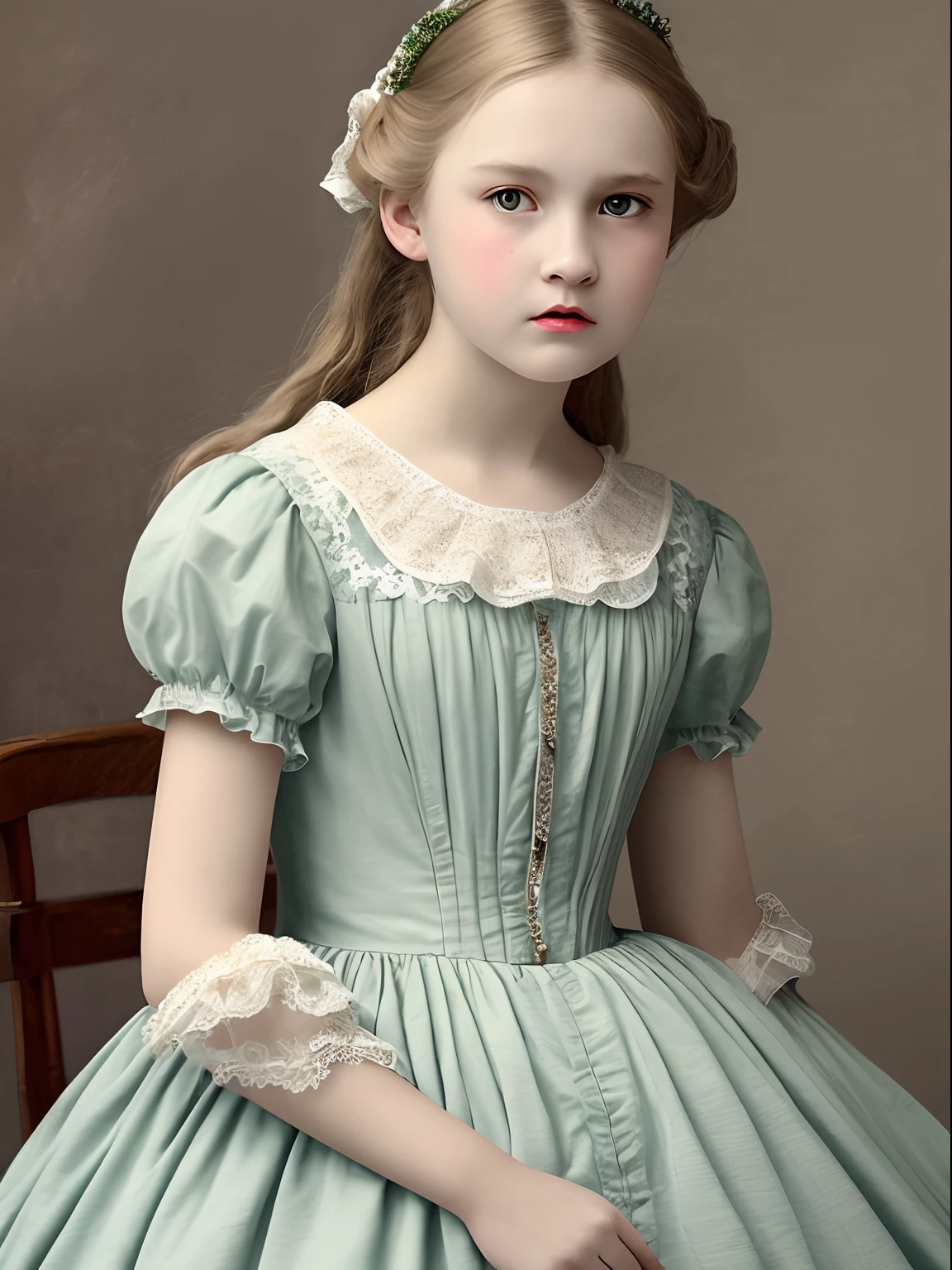 Best quality, Masterpiece, high resolution, Original, highly detailed wallpaper, Beauty,、dress, 、teens girl、Real Human、Authentic、blond、Old photos、Angry、irate、bit girl、Angry face、Angry、British vintage style、British 19th century