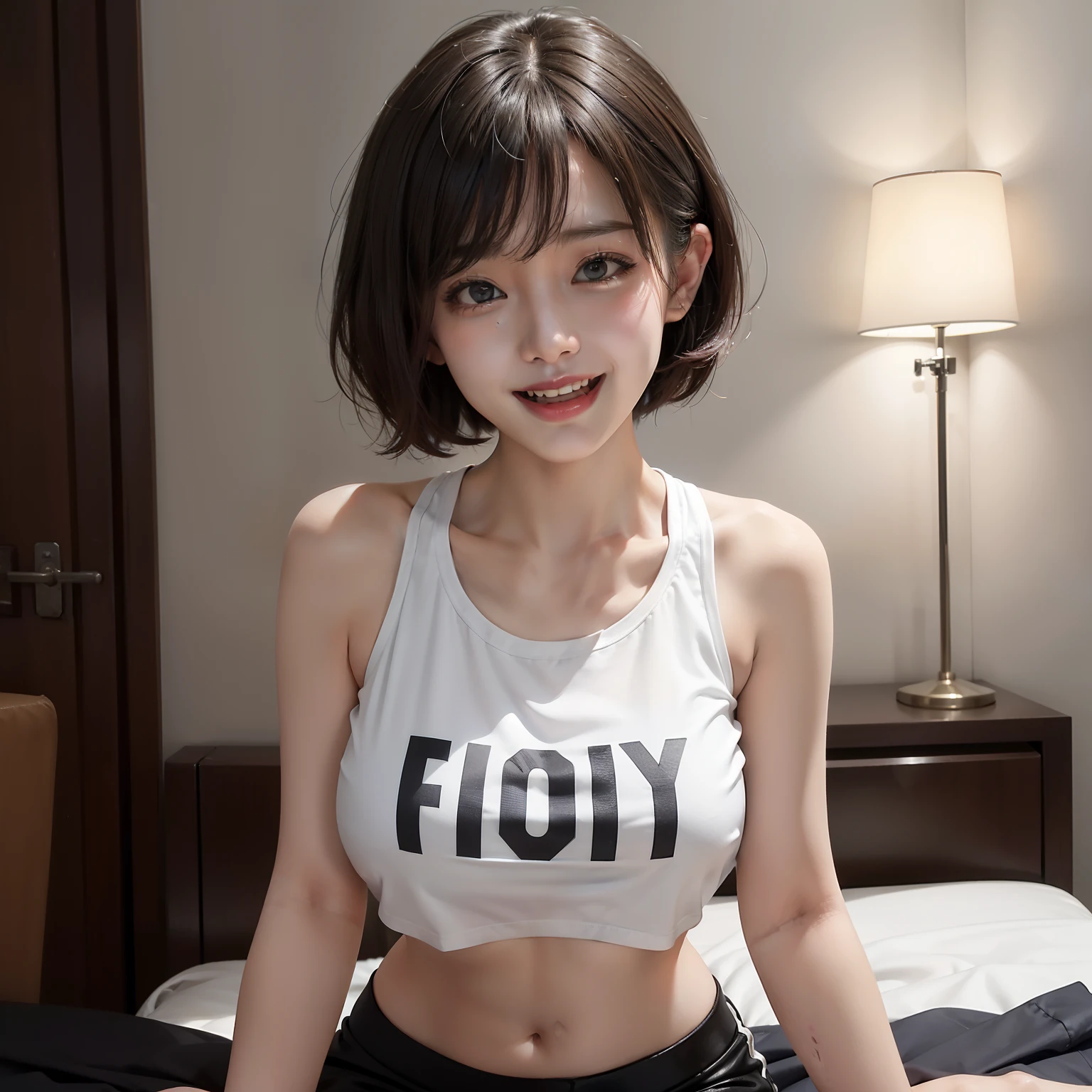 Arafed asian woman sitting on a bed with a white tank top - SeaArt AI