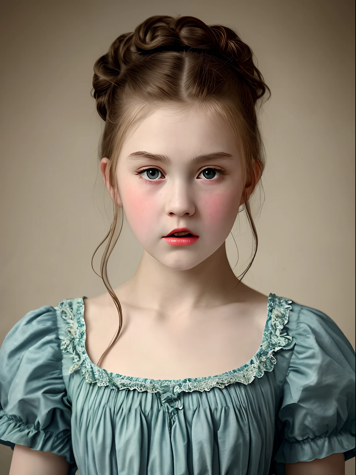 Best quality, Masterpiece, high resolution, Original, highly detailed wallpaper, Beauty,、dress, 、teens girl、Real Human、Authentic、blond、Old photos、Angry、irate、bit girl、Angry face、Angry、British retro style、British 19th century、Anger、scowl