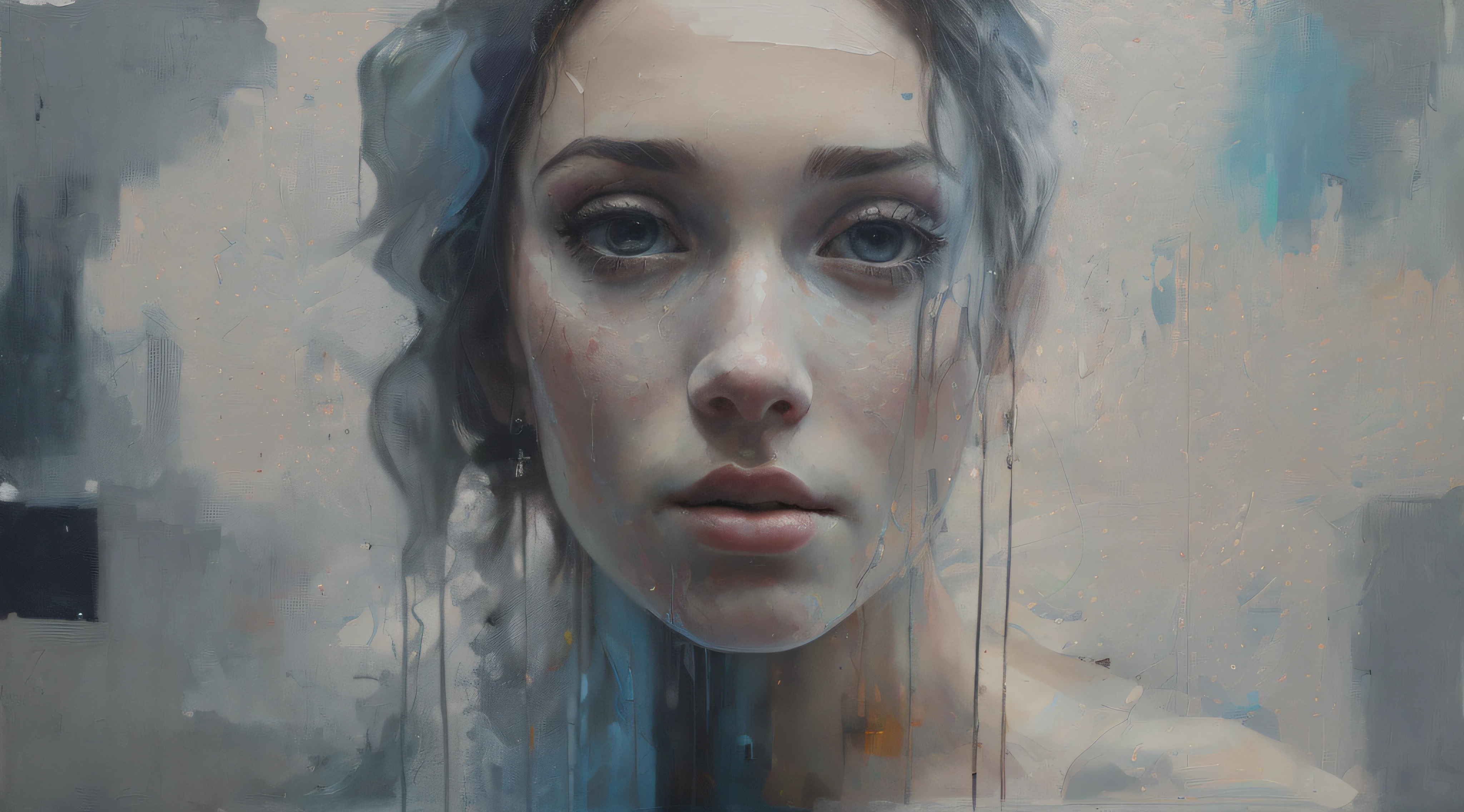 pintura de uma mulher com olhos azuis e um rosto branco, Ryan Hewett, inspirado em Sam Spratt, Directed by: Sam Spratt, retrato pintado centralizado, retrato pintado centrado no lado, Wadim Kashin. ultra realistic, obras de arte impressionantes, Beautiful acrylic fluid portrait, retrato bonito expressivo, pintura detalhada 4K, 4k oil on linen, pintura digital ultra realista, WLOP |