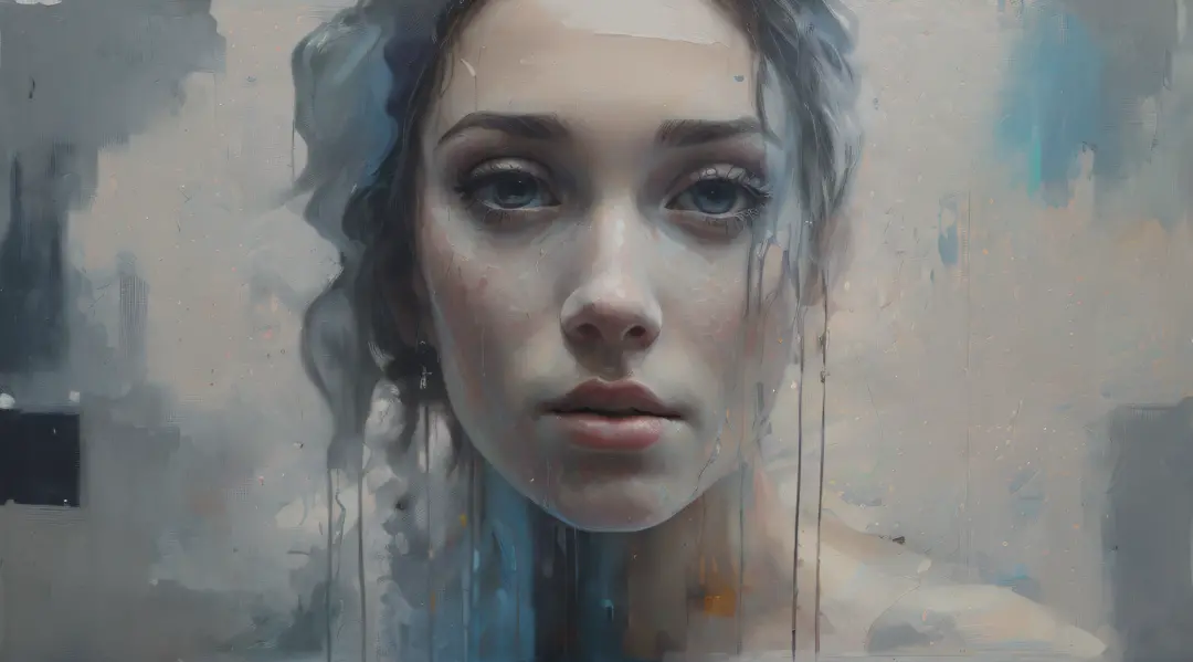 pintura de uma mulher com olhos azuis e um rosto branco, ryan hewett, inspirado em sam spratt, directed by: sam spratt, retrato ...