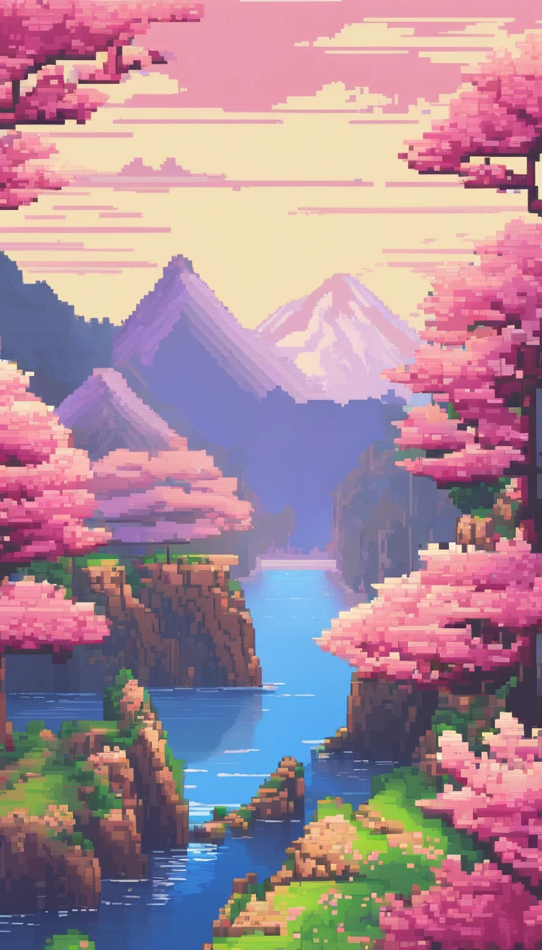 Landschaftskunst Sehenswürdigkeiten Pixel Art, Abend, 3D Pixel Art 4K Wallpaper, Erstaunliche Pixel-Art-Details, pixel art, Dampfwelle, Die Pixel-Art-Engine ist nicht wirklich detailliert., Japan, Kirschblüten.