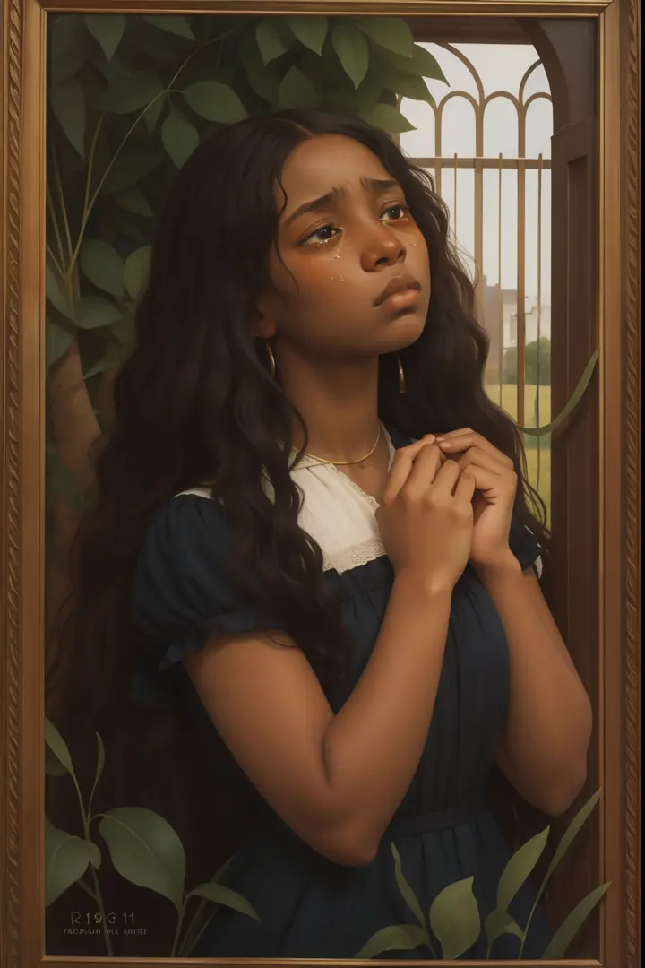 pre-raphaelite portrait of a 17-year-old black-mixed girl crying big tears, sad, devastated, trapped, year 1911