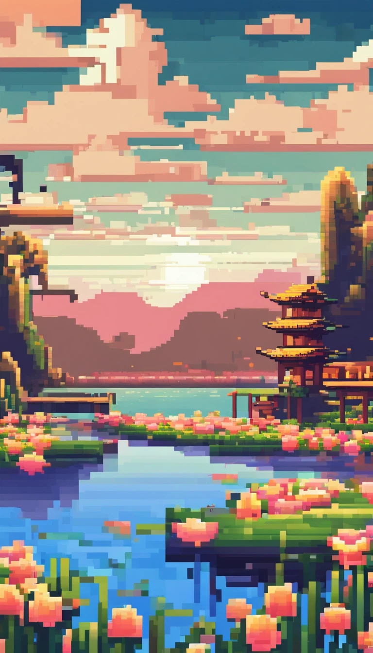 風景画 アトラクション ピクセルアート, 夕方, 3Dピクセルアート4K壁紙, Amazing ドット絵 detail, ドット絵, 蒸気波, The ドット絵 engine is not really detailed, 蓮池, ユリの花の池.