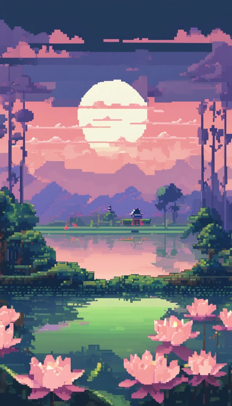 Landscape Art Attractions Pixel Art, evening, 3D Pixel Art 4K Wallpaper, Amazing pixel art detail, pixel art, Steam wave, The pixel art engine is not really detailed, lotus pond, lily flower pond.