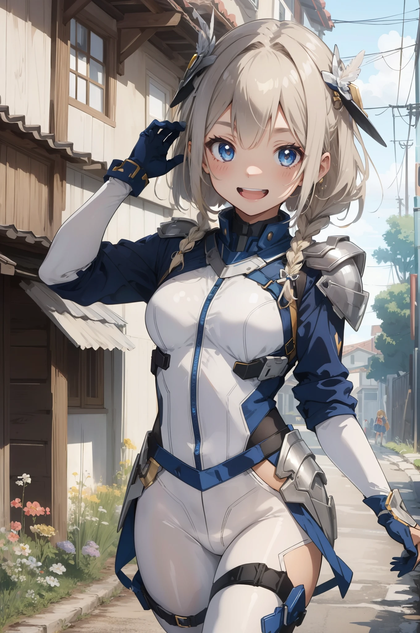 (​master piece, Best Quality),  Intricate details, valkyrie, kawaii, Happy smile, (((Laugh))), Hand up, Looking at Viewer, Feather Headgear,  flower meadow, 
1 girl in, Solo, Portrait, Tentacle plutinum blonde hair, single braid, single thighhigh, Independent single sleeve, gloves,
 mecha musume, White bodysuit, Silver Reinforced Suit, silver pantyhose, full armor,