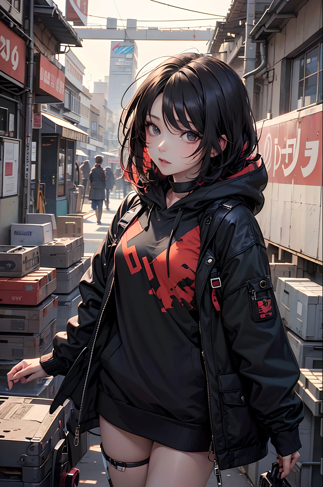 Uma garota de anime com cabelo preto curto tingido de vermelho, Olhos negros e feições frias, Ela usa um moletom preto