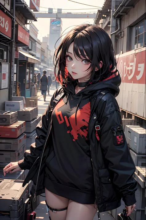 An anime girl with short black hair dyed red, black eyes and cold features, She wears a black hoodie