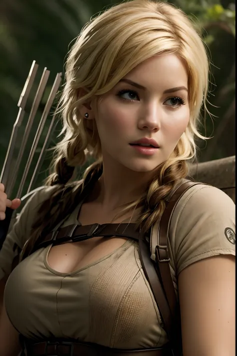 ((elisha cuthbert as Katniss Everdeen in Hunger Games)), Hunger Games movie background scene, (sexy), (photorealism), (best qual...
