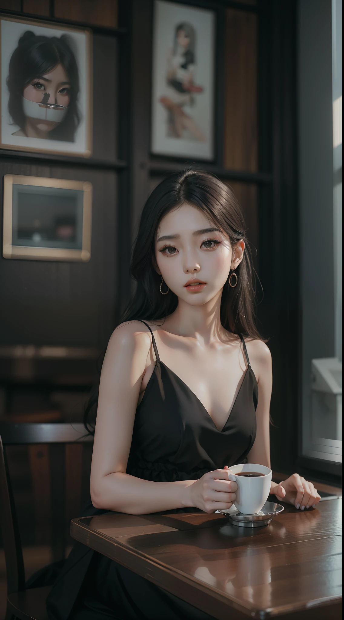 An Alafi woman in a black dress sits at a table drinking a cup of coffee, Gorgeous young Korean woman, beautiful Korean women, photo of slim girl model, photo of slim girl, Korean woman, full-body xianxia, Korean girl, Beautiful young Korean woman, Sexy dress, Attractive woman, Attractive girl, woman model, Attractive pose