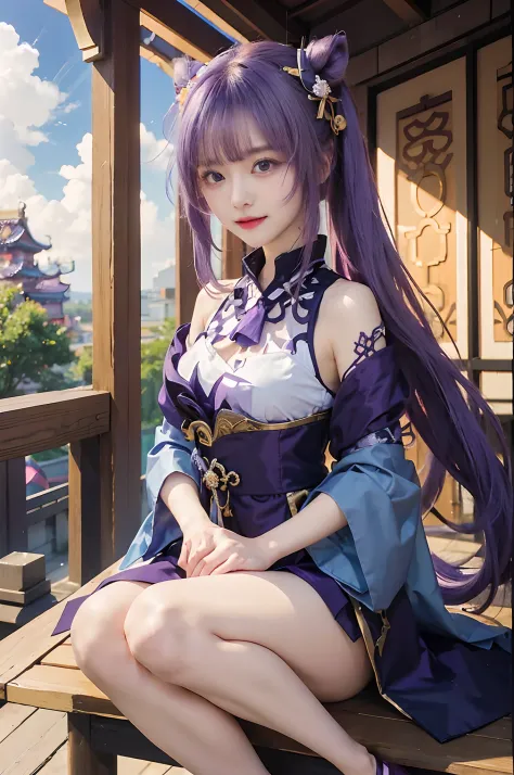 1girl, keqing, from genshin inpact, cute hot, happy, purple eyes sakura, long purple hair, attribute full white and purple and g...