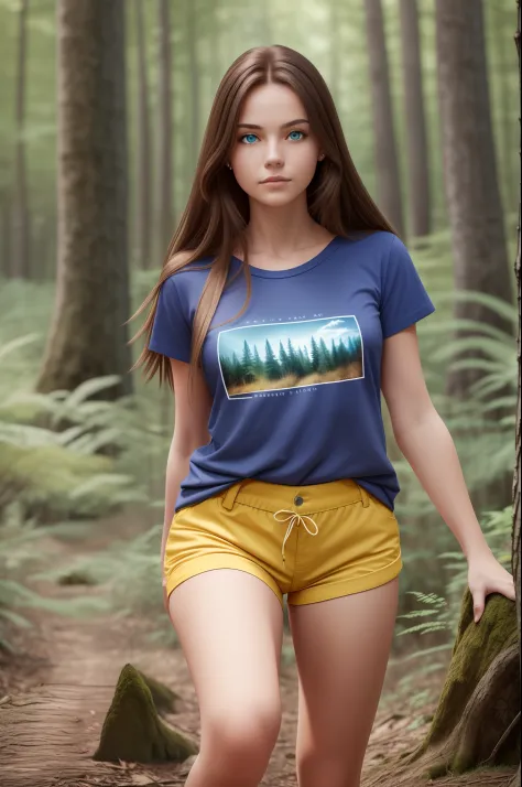 A woman standing in the forest, brown long hair, blue eyes, wearing a blue t-shirt and yellow shorts, brown boots on her feet, t...