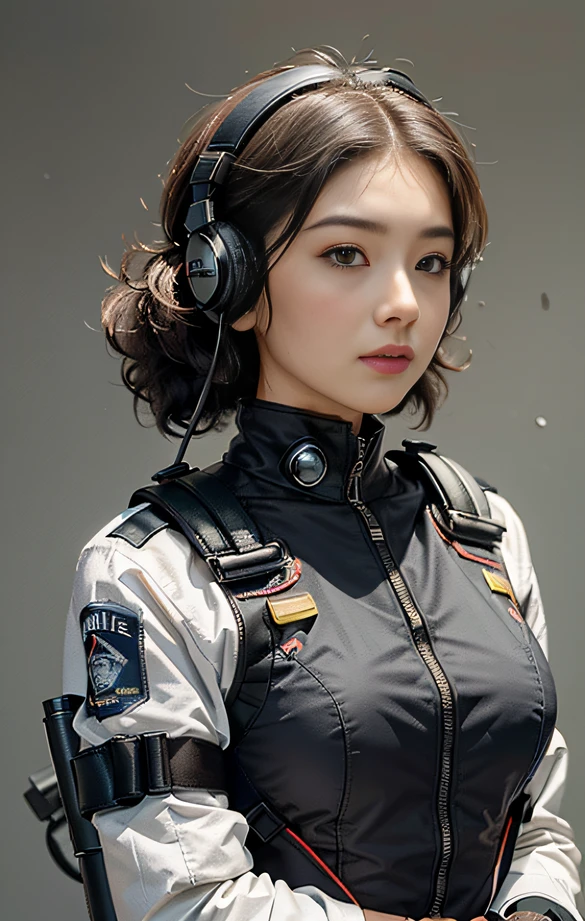 Highest image quality, outstanding details, ultra-high resolution, (realism: 1.4), ((close up:0.75, fro, front)), highly condensed 1beautiful lady, with delicate face, perfect proportion, (chubby:0.4, small breasts), staright-standing, (wearing racing suit likes police uniform, black and gray mecha, wearing high-tech headset, military harness, holding a machinegun), captain, background simple gray wall,