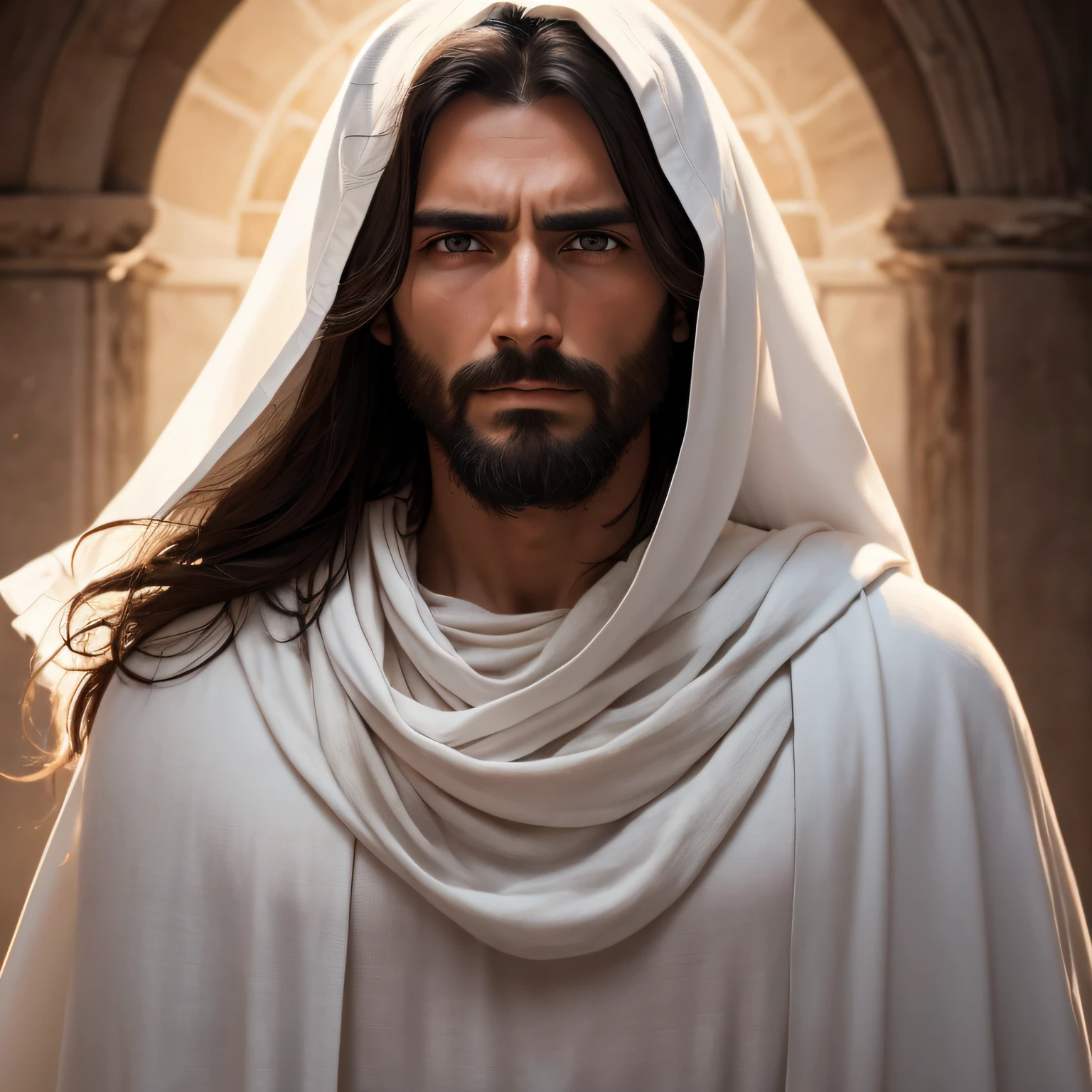 1men, Jesus Christ face, strong face, side view, cinematic 8k, 30 years old, dark background, white clothes, wearing a mantle – a large shawl (“himation” in Greek) with tassels,