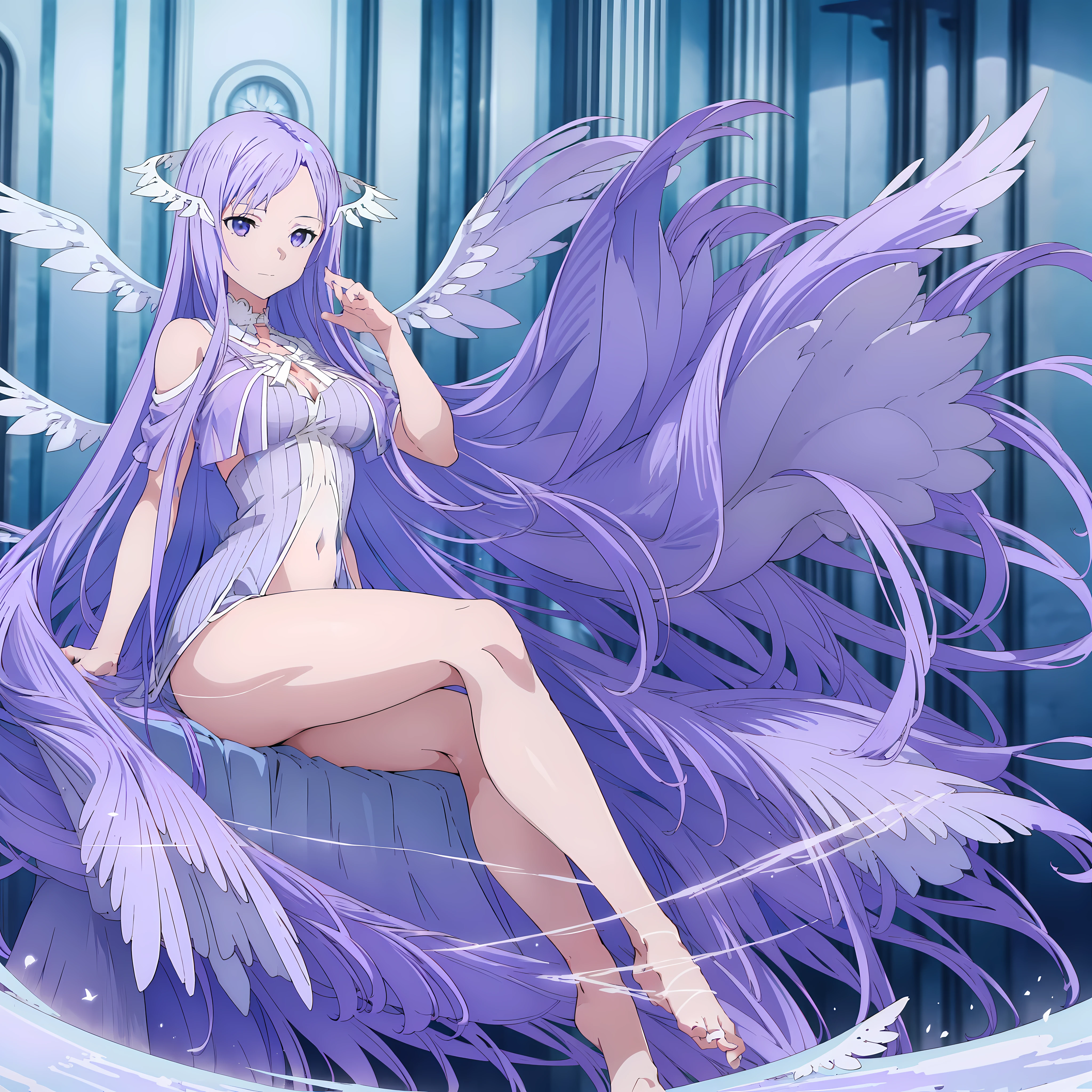 Anime girl with long purple hair sitting on a ledge - SeaArt AI