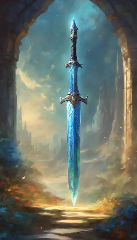 a big legendary sword with blue details