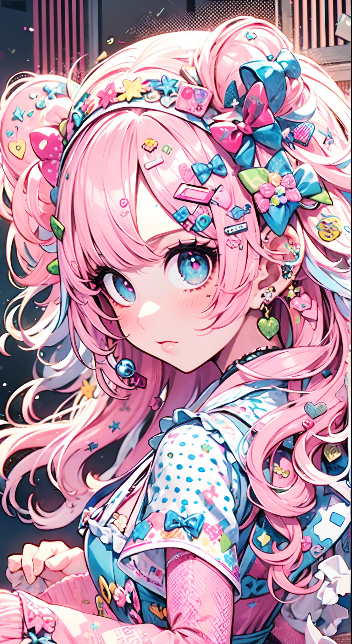 masterpiece, best quality, ultra detailed, beautiful shading, cinematic ligthing, studio lights, cute, kawaii, big eyes, flower pattern on pupil, shaped pupil , cute polka dot pattern on bows, plaid, light pink colored hair，Powder-blue pupils，Wear pink and blue maid outfits，Sweet girl with pure white,full body, full shot, horns, little devil, wow, retro, hairclips, decora, a lot of accessories