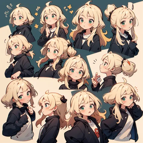 cute girl avatar pack, emoji pack, same girl, blonde hair, green eyes, multiple poses and expressions, white shirt, 4k, masterpiece, best quality, align arrangement