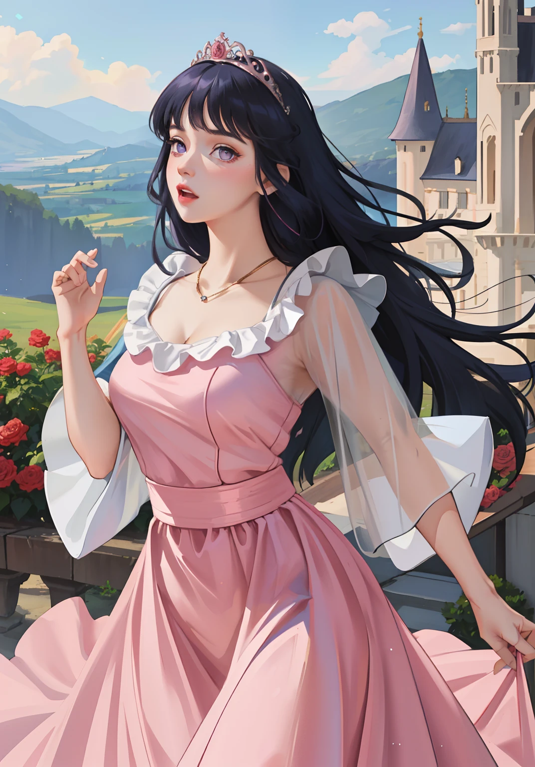 (auroraWaifu:1), surprised, beautiful pose, looking at the viewer, thick thighs, (long pink dress:1.2), (medium hair, tiara) :D, curvy, (holding a red rose:1),

(realistic: 1.2), (realism), (masterpiece: 1.2), (best quality), (ultra detailed), (8k, 4k, intricate), (full-body-shot: 1), (Cowboy-shot: 1.2), (85mm), light particles, lighting, (highly detailed: 1.2), (detailed face: 1.2), (gradients), sfw, colorful, (detailed eyes: 1.2),

(detailed landscape, garden, plants, castle: 1.2), (detailed background), detailed landscape, (dynamic angle: 1.2), (dynamic pose: 1.2), (rule of third_composition: 1.3), (line of action: 1.2), wide shot, daylight, soil, Blunt Bangs, purple eyes,dark blue hair