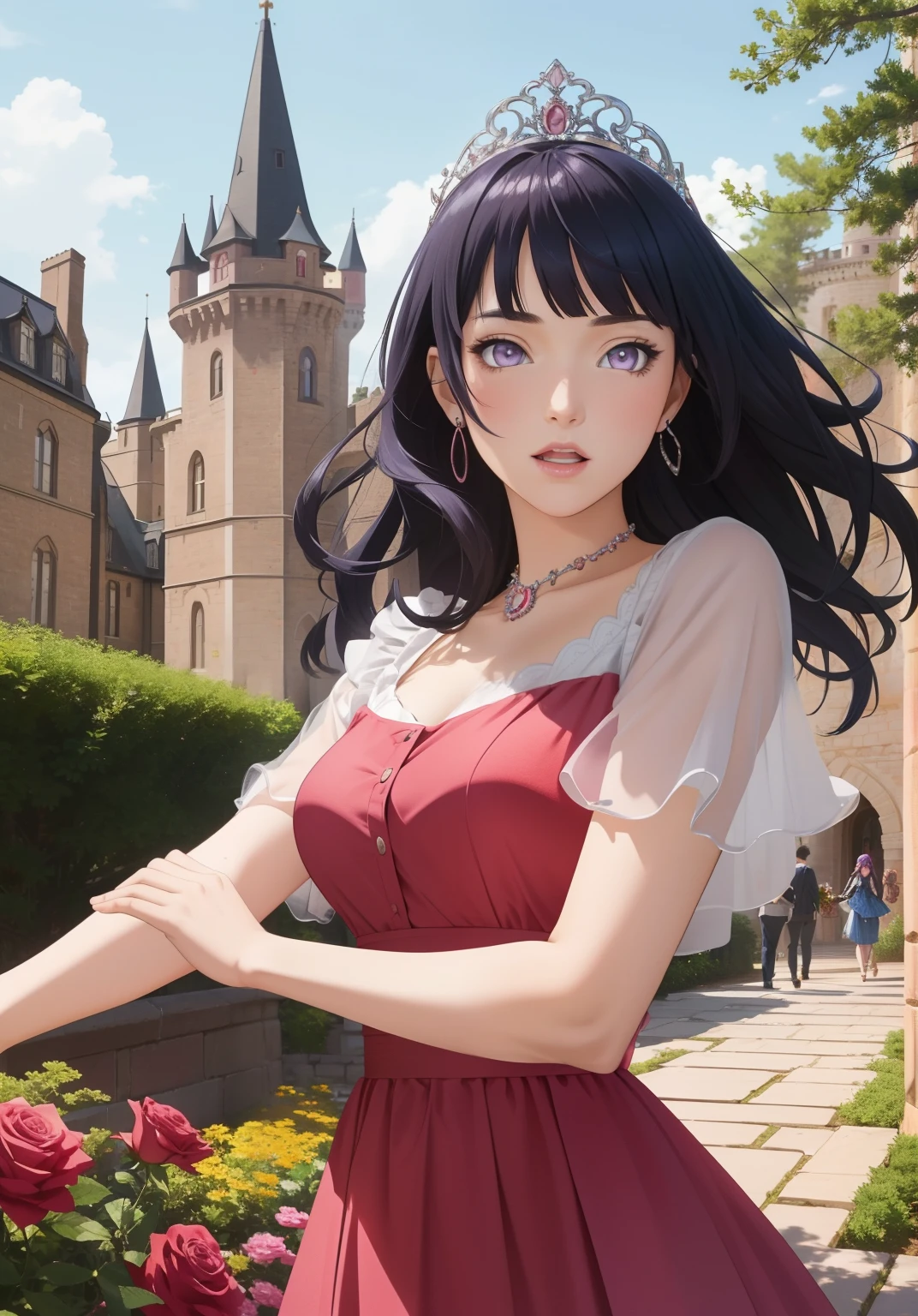 (auroraWaifu:1), surprised, beautiful pose, looking at the viewer, thick thighs, (long pink dress:1.2), (medium hair, tiara) :D, curvy, (holding a red rose:1),

(realistic: 1.2), (realism), (masterpiece: 1.2), (best quality), (ultra detailed), (8k, 4k, intricate), (full-body-shot: 1), (Cowboy-shot: 1.2), (85mm), light particles, lighting, (highly detailed: 1.2), (detailed face: 1.2), (gradients), sfw, colorful, (detailed eyes: 1.2),

(detailed landscape, garden, plants, castle: 1.2), (detailed background), detailed landscape, (dynamic angle: 1.2), (dynamic pose: 1.2), (rule of third_composition: 1.3), (line of action: 1.2), wide shot, daylight, soil, Blunt Bangs, purple eyes,dark blue hair